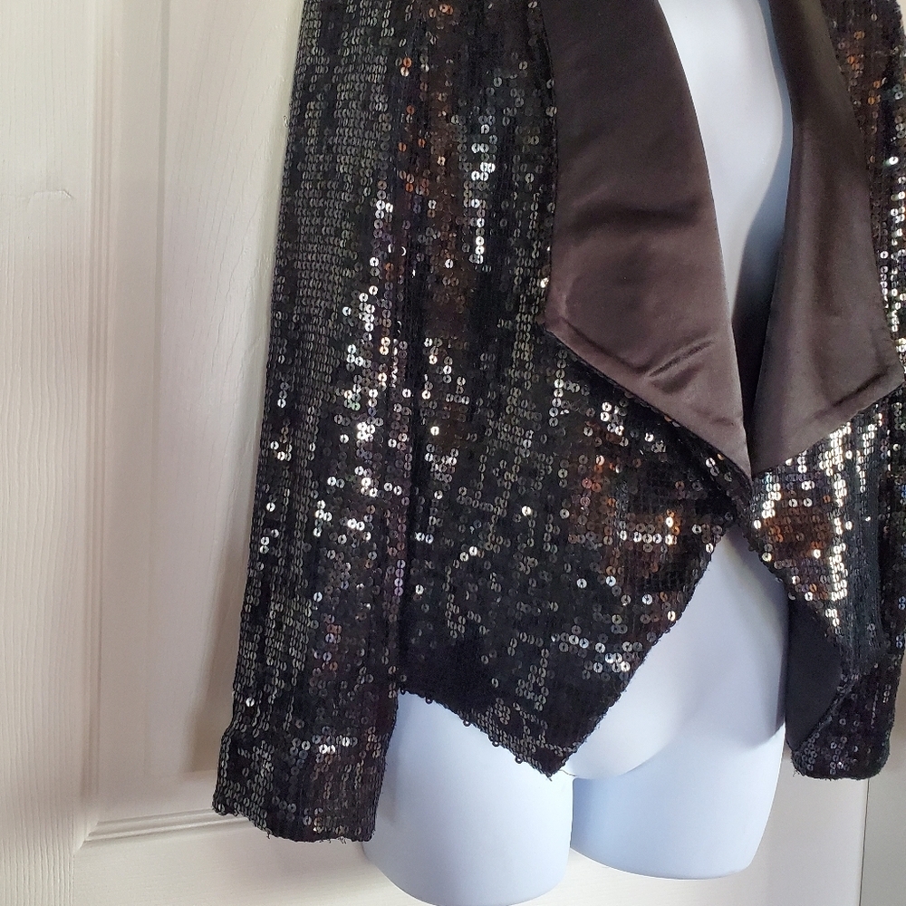 Alice + Olivia Black Warren Sequined Open Blazer Jacket Black Satin Collar Open - Picture 5 of 15